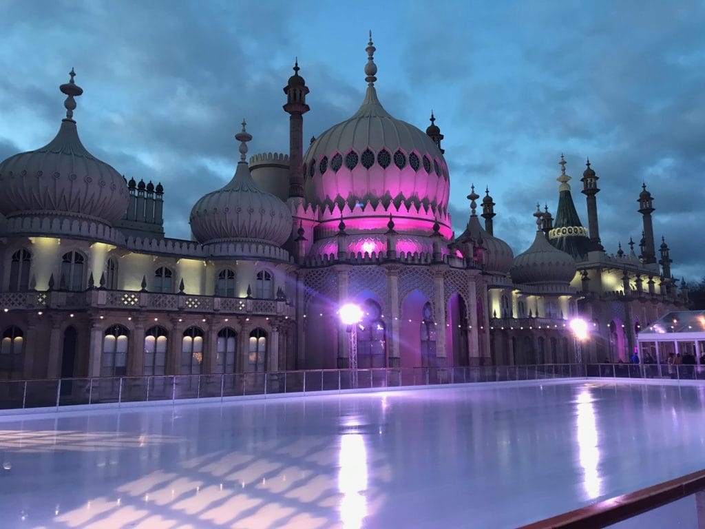 Brighton royal pavillion with ice rink in front.