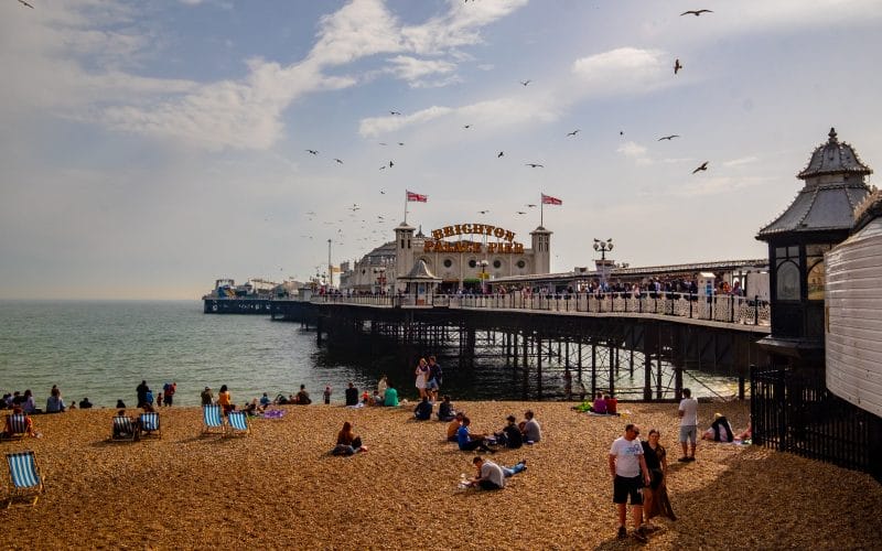 Brighton beach and pier on a sunny day.