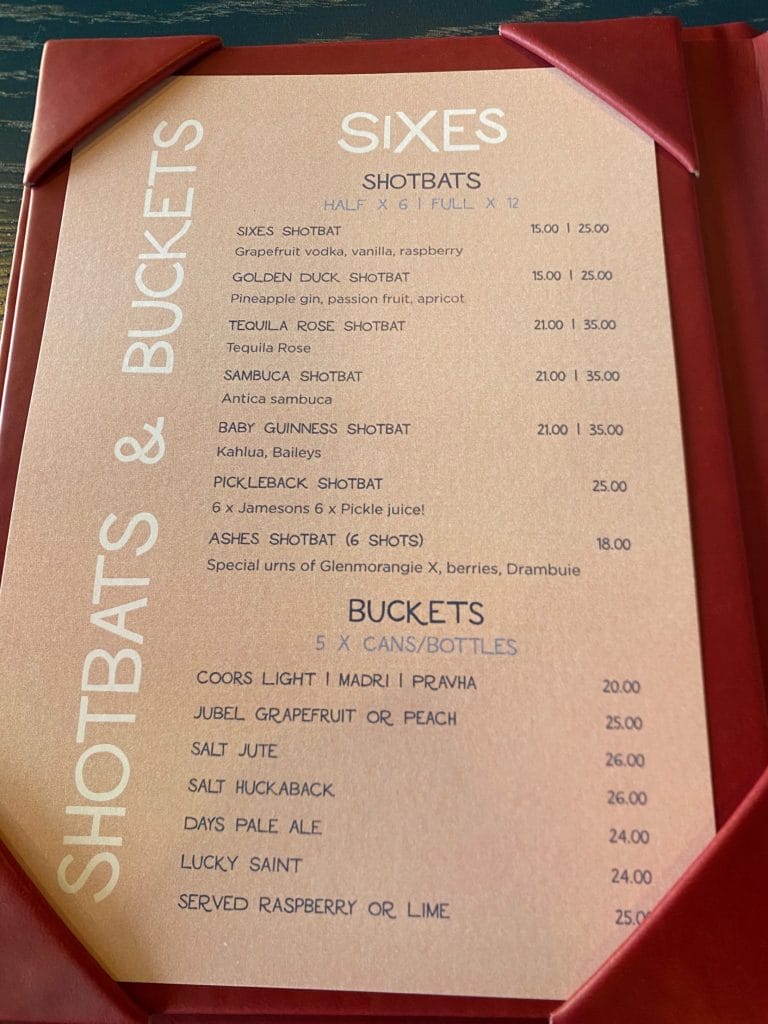 Alcohol menu at sixes social cricket brighton.